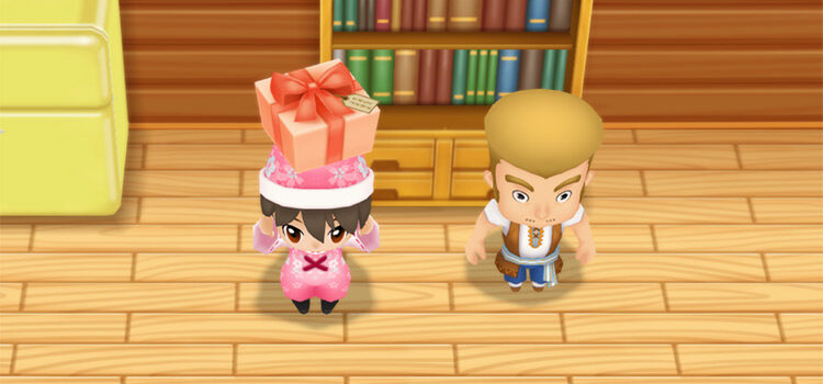 Standing next to Zack with a gift in Story of Seasons: Friends of Mineral Town