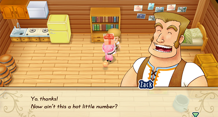 Zack’s response when the farmer gives him a loved gift. / Story of Seasons: Friends of Mineral Town