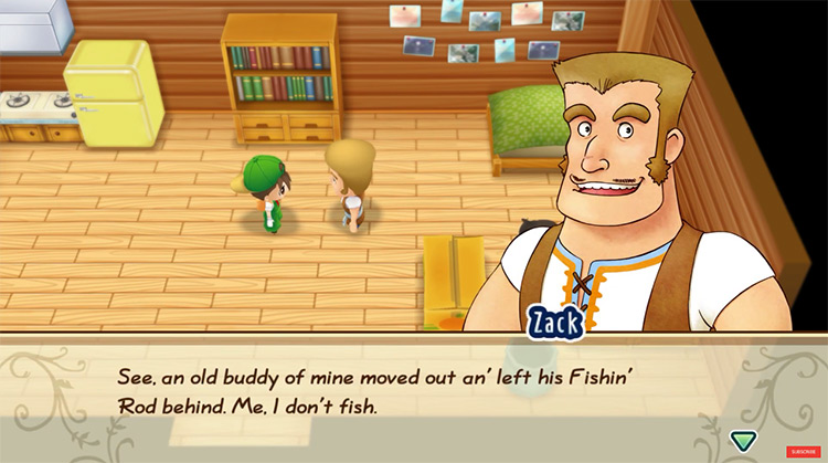 Zack talks to the farmer about giving away his fishing rod. Source / Story of Seasons: Friends of Mineral Town