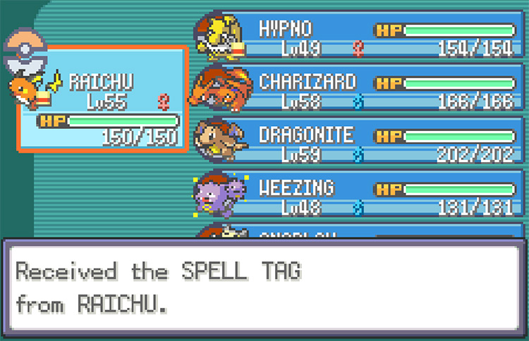 Taking the Spell Tag from Raichu after stealing it with Thief / Pokemon FRLG
