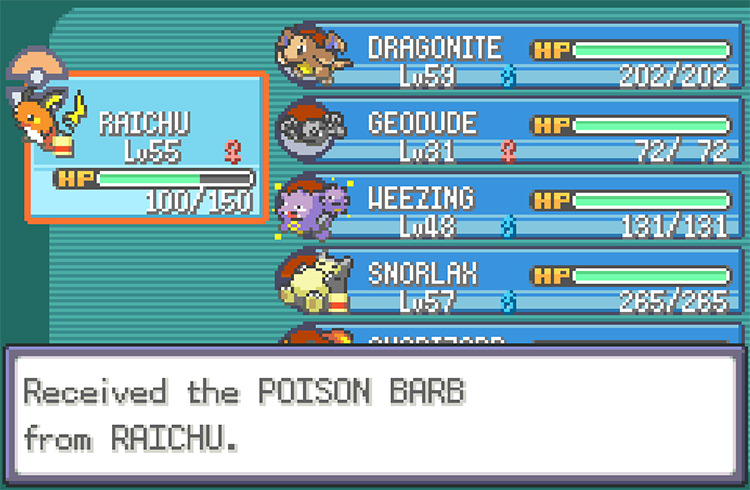 Taking Poison Barb from Raichu after stealing it with Thief / Pokemon FRLG