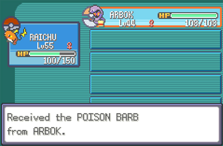 Taking the Poison Barb from Arbok (notice the Item icon next to Arbok’s Sprite.) / Pokemon FRLG