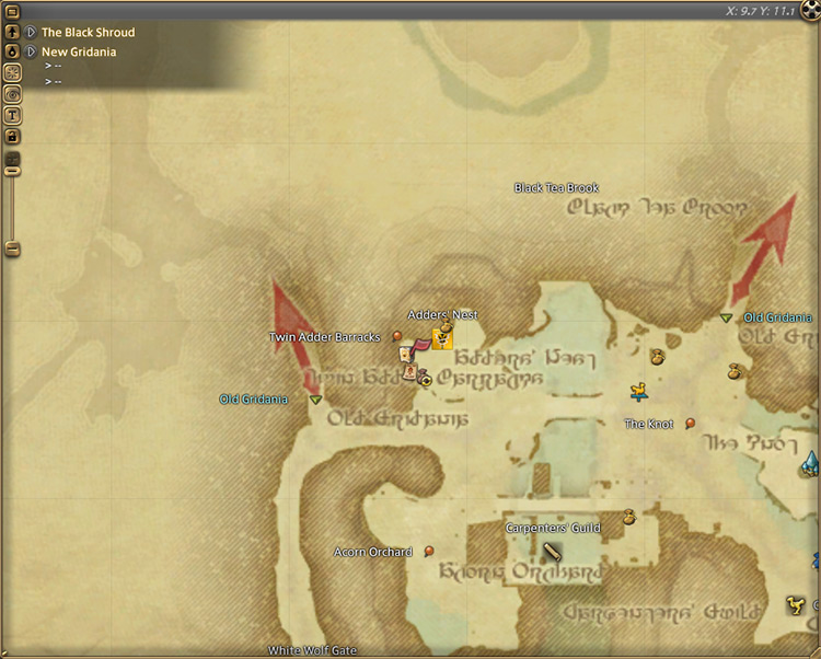 Vorsaile Heuloix’s map location in New Gridania / Final Fantasy XIV