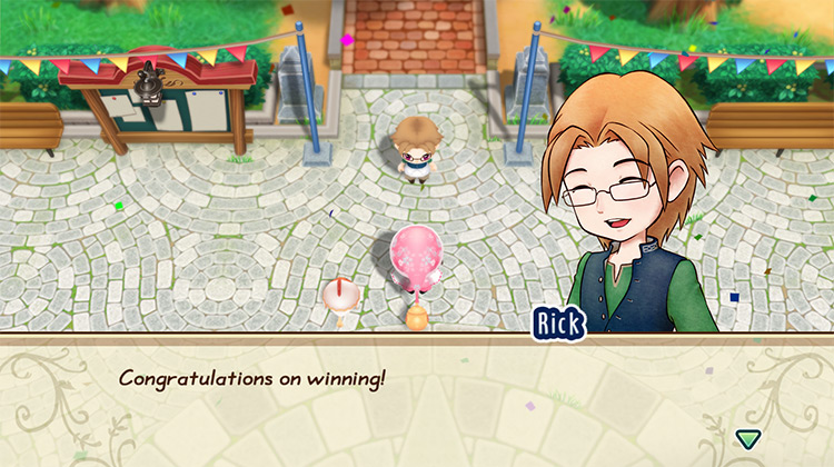 The player wins the Cluck Cluck Clash Festival. / Story of Seasons: Friends of Mineral Town