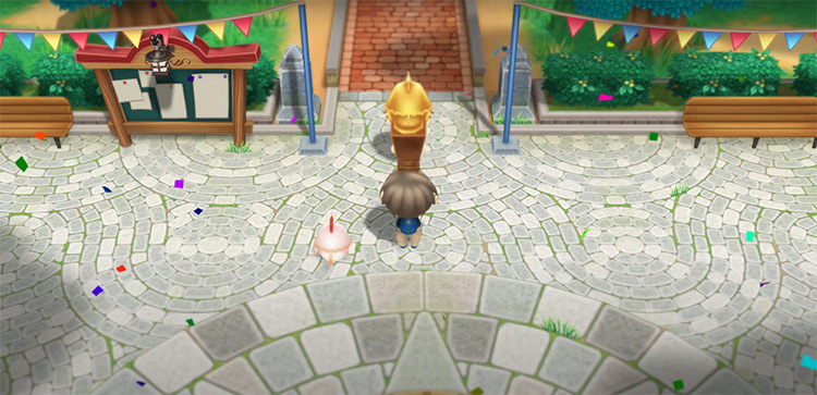 The farmer receives a Golden Chicken Trophy. / Story of Seasons: Friends of Mineral Town
