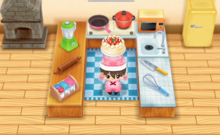 The farmer makes Strawberry Cake in the kitchen. / Story of Seasons: Friends of Mineral Town