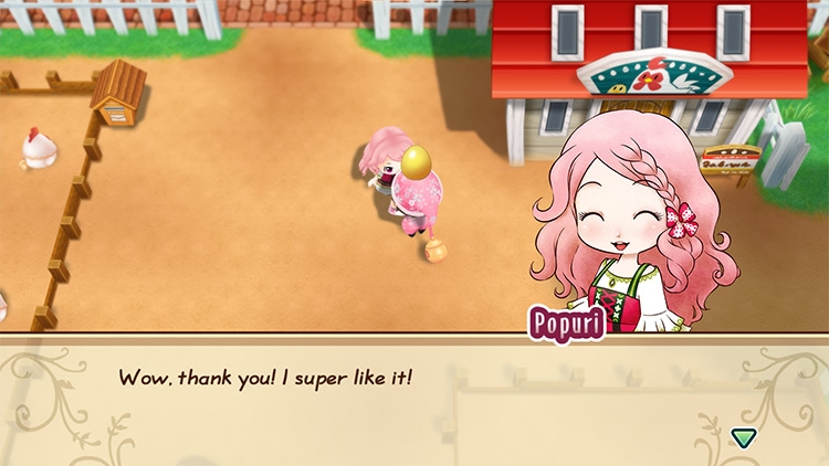 The farmer gives Popuri a Golden Egg. / Story of Seasons: Friends of Mineral Town