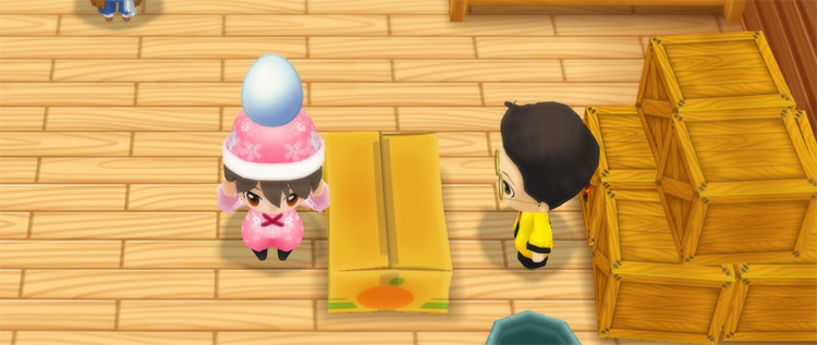The farmer stands in front of Huang’s counter while holding an X Egg. / Story of Seasons: Friends of Mineral Town