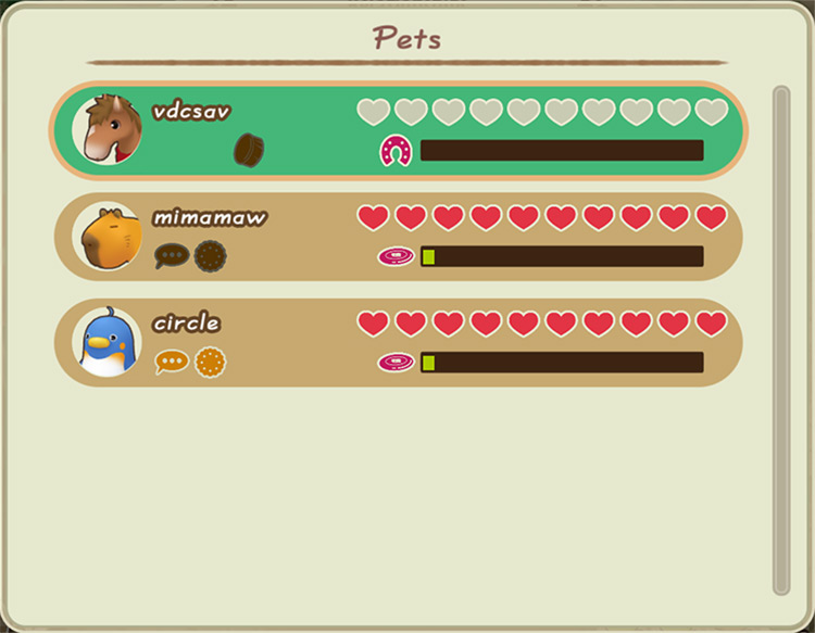 Interface of the Pet Relationships menu. / Story of Seasons: Friends of Mineral Town