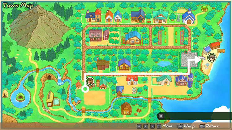 Map of Mineral Town with a white line directing players to Mineral Beach. / Story of Seasons: Friends of Mineral Town