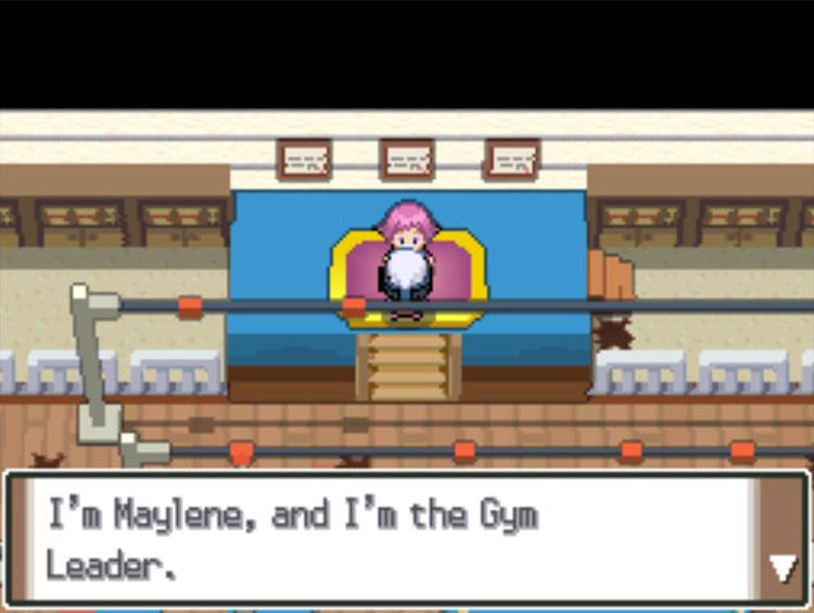Initiating the battle with Leader Maylene. / Pokémon Platinum