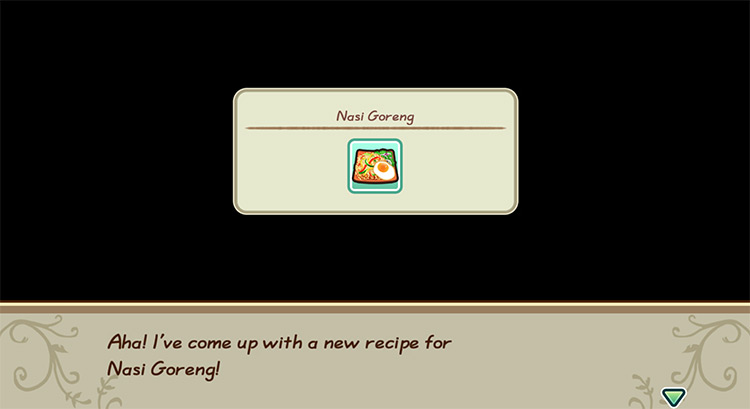 The farmer gets inspired to cook Nasi Goreng while in the kitchen. / Story of Seasons: Friends of Mineral Town