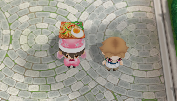 The farmer stands next to Rick while holding a tray of Nasi Goreng. / Story of Seasons: Friends of Mineral Town