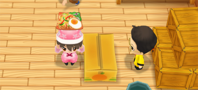 The farmer stands in front of Huang’s counter while holding a tray of Nasi Goreng. / Story of Seasons: Friends of Mineral Town