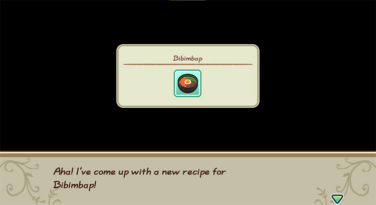 The farmer gets inspired to cook Bibimbap while in the kitchen. / Story of Seasons: Friends of Mineral Town