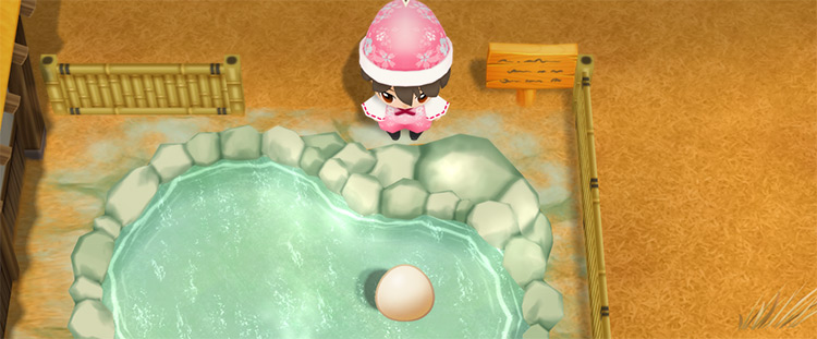 The farmer drops an Egg in the Hot Spring to make a Hot Spring Egg. / Story of Seasons: Friends of Mineral Town