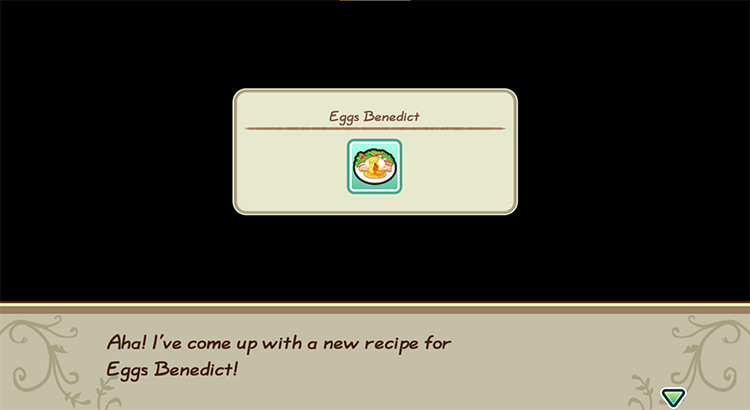 The farmer gets inspired to cook Eggs Benedict while in the kitchen. / Story of Seasons: Friends of Mineral Town