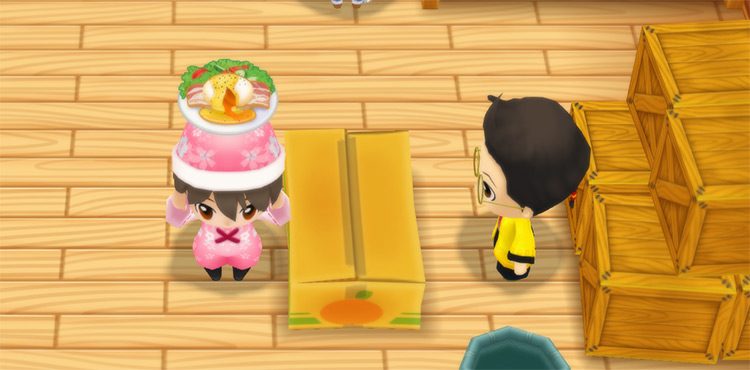 The farmer stands in front of Huang’s counter while holding a plate of Eggs Benedict. / Story of Seasons: Friends of Mineral Town
