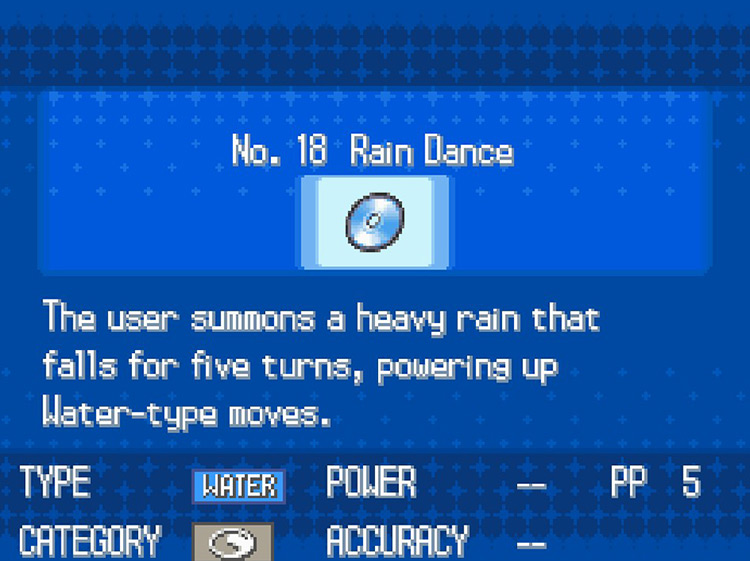 In-game details for TM18 Rain Dance / Pokémon Black/White