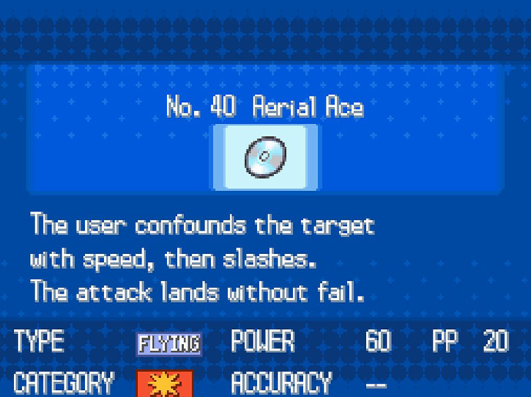 In-game details for TM40 Aerial Ace / Pokémon BW