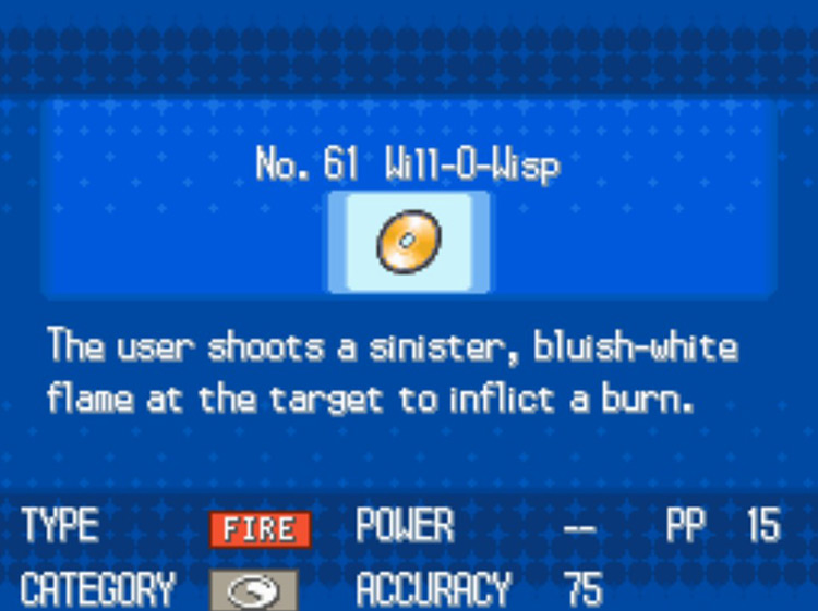 In-game details for TM61 Will-O-Wisp / Pokémon BW