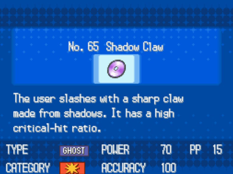 In-game details for TM65 Shadow Claw / Pokémon Black/White