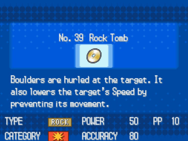 In-game details for TM39 Rock Tomb / Pokémon BW