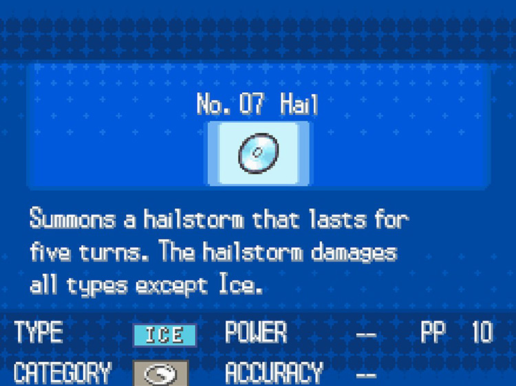 In-game details for TM07 Hail / Pokémon Black/White
