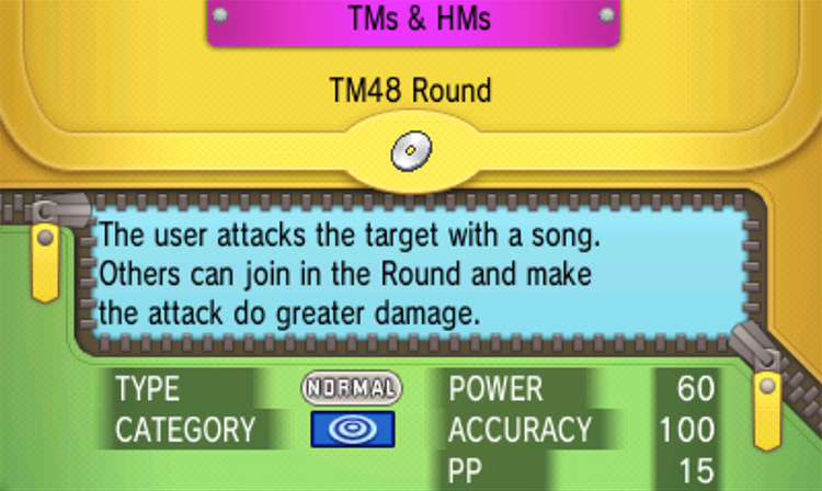 In-game details for TM48 Round / Pokémon Omega Ruby and Alpha Sapphire