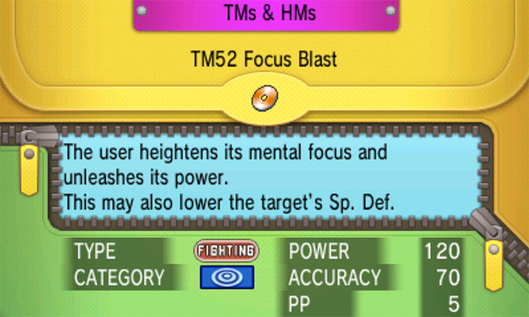 In-game details for TM52 Focus Blast / Pokémon Omega Ruby and Alpha Sapphire