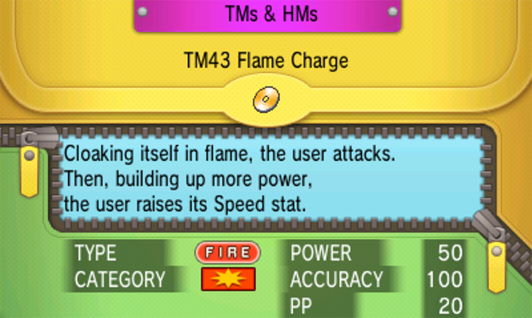 In-game details for TM43 Flame Charge / Pokémon Omega Ruby and Alpha Sapphire