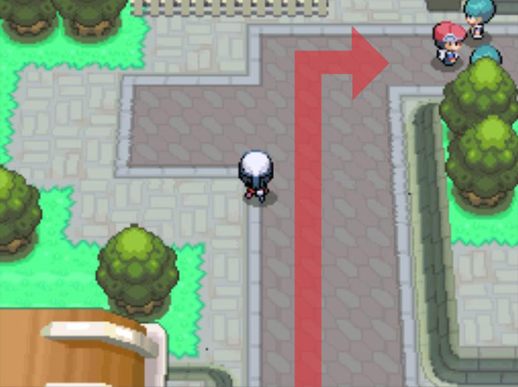 A commotion outside the Galactic warehouse, northeast of Veilstone Gym. / Pokémon Platinum