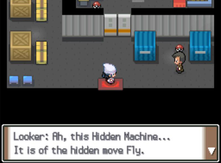You and Looker investigating the Galactic Warehouse. / Pokémon Platinum