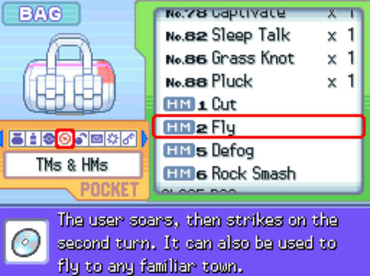 In-game description of HM02 Fly. / Pokémon Platinum