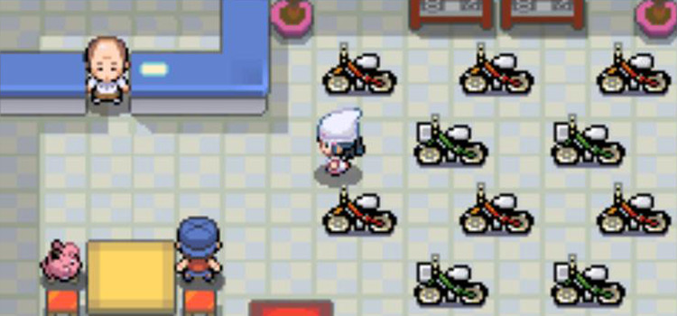 Inside the Eterna City Cycle Shop in Pokémon Platinum