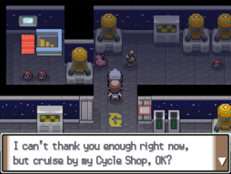 Rescuing the Cycle Shop owner. / Pokémon Platinum