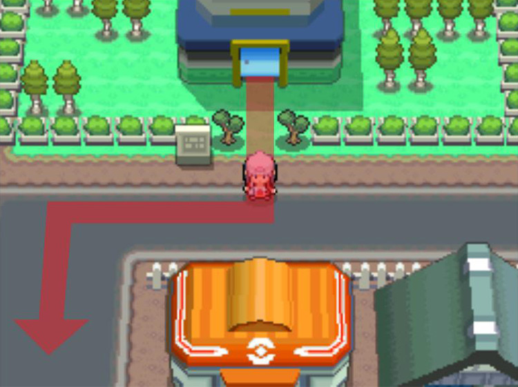 Departing the Team Galactic Eterna Building for the Cycle Shop. / Pokémon Platinum