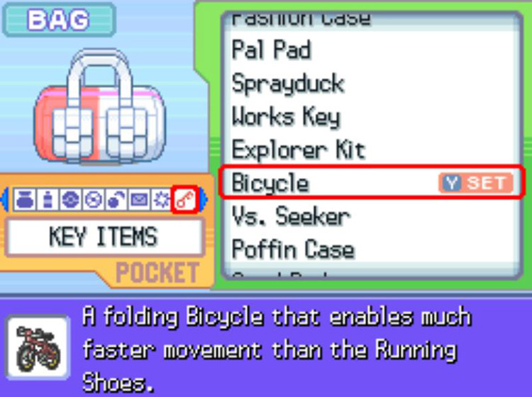 In-game description of the Bicycle. / Pokémon Platinum