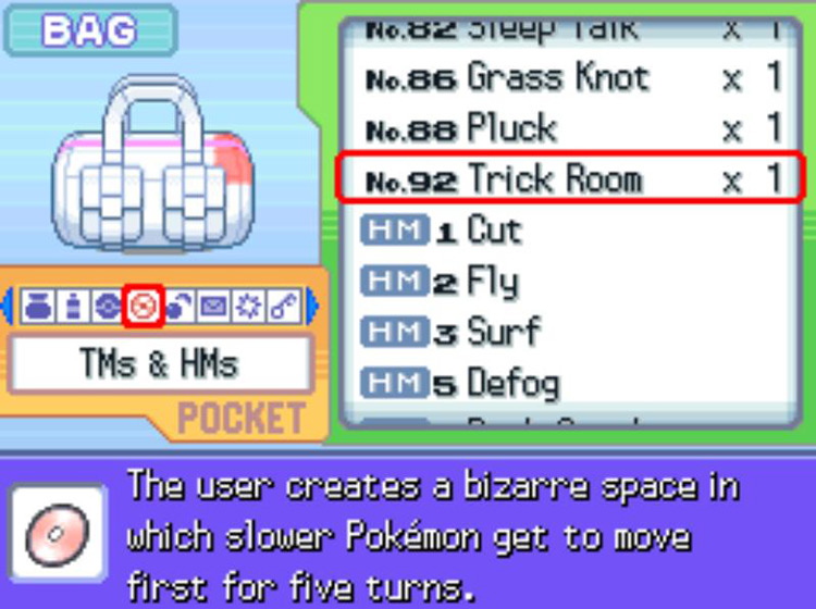 In-game description of TM92 Trick Room. / Pokémon Platinum