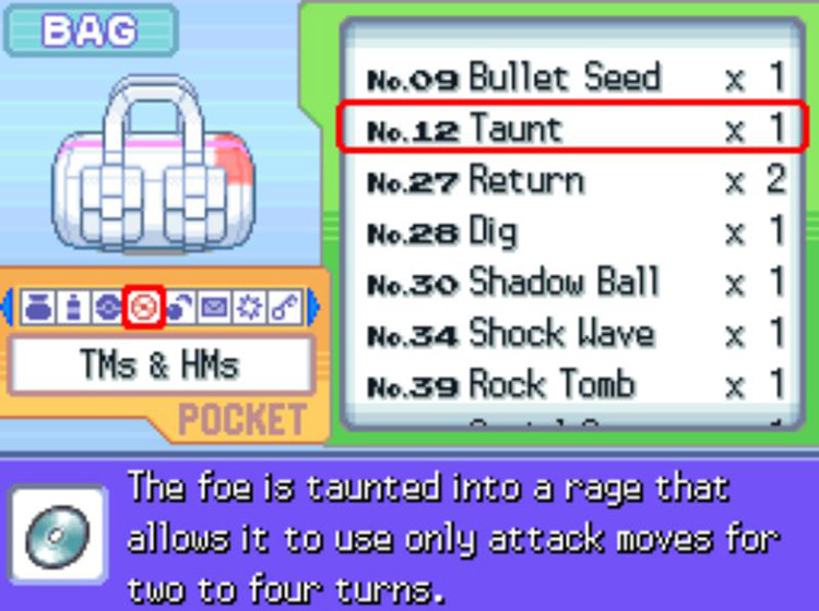 In-game description of TM12 Taunt. / Pokémon Platinum