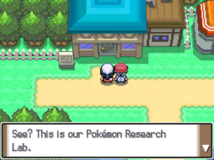 Outside Professor Rowan’s lab in Sandgem Town. / Pokémon Platinum