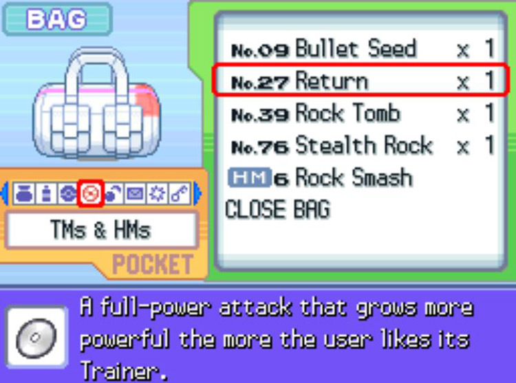In-game description for TM27 Return. / Pokémon Platinum