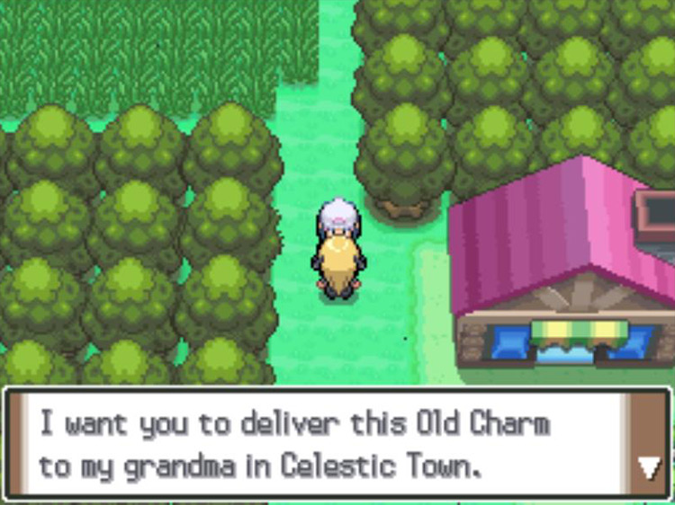 Cynthia giving you an Old Charm. / Pokémon Platinum