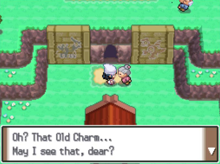 Handing the Old Charm to Cynthia’s grandmother. / Pokémon Platinum