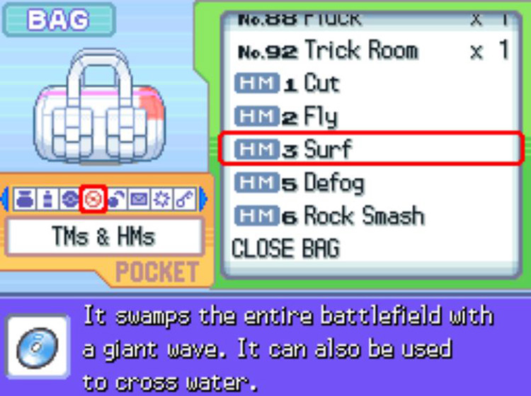 In-game description for HM03 Surf. / Pokémon Platinum