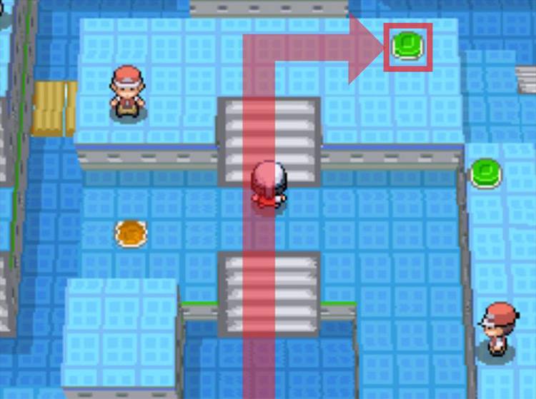 Hit Switch 2 (green) to raise the water level. / Pokémon Platinum