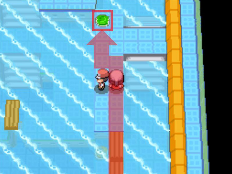 Hit Switch 4 (green) to lower the water one level. / Pokémon Platinum