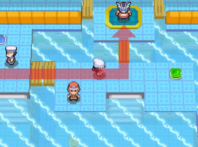 Walking over the floating rafts to reach Crasher Wake. / Pokémon Platinum