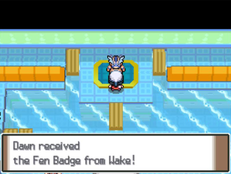 Receiving the Fen Badge as a reward for beating Crasher Wake. / Pokémon Platinum