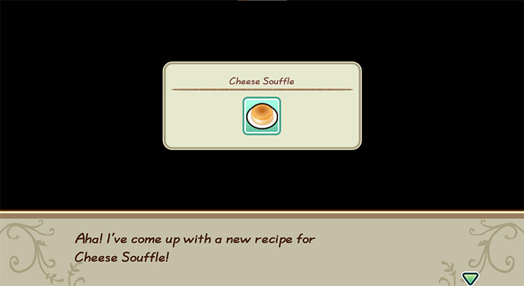 The farmer gets inspired to cook Cheese Soufflé while in the kitchen. / Story of Seasons: Friends of Mineral Town